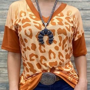 Burnt Orange Leopard Print Short Sleeve V-Neck Top